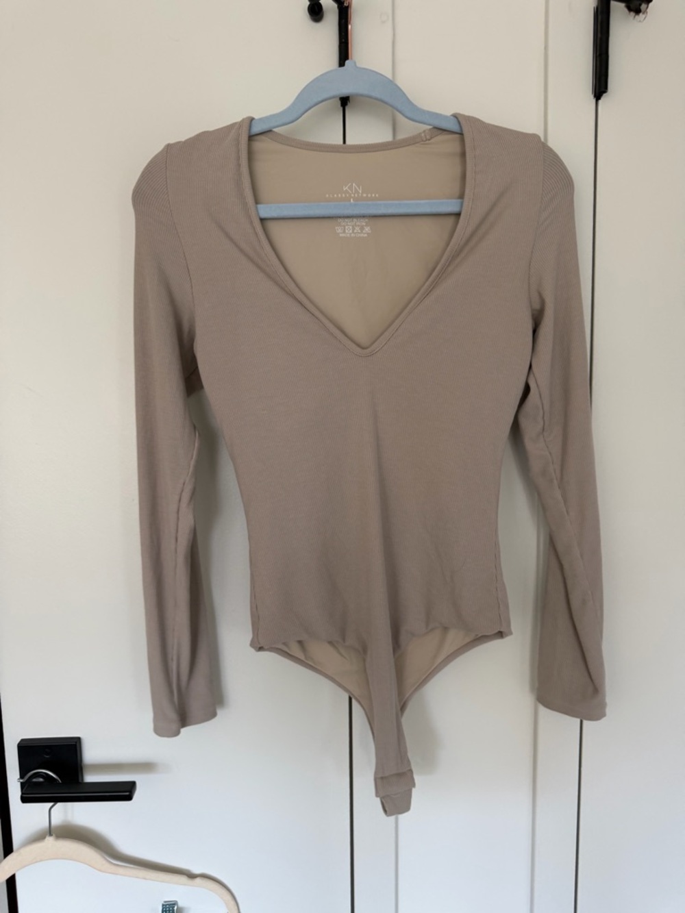 NY Collection Taupe V-Neck Long-Sleeve Bodysuit with Built in Bra